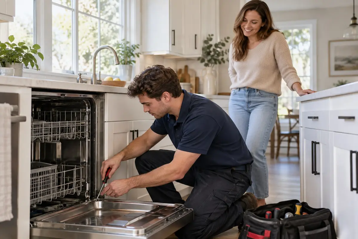 Appliance repair technician fixing a dishwasher in a home kitchen