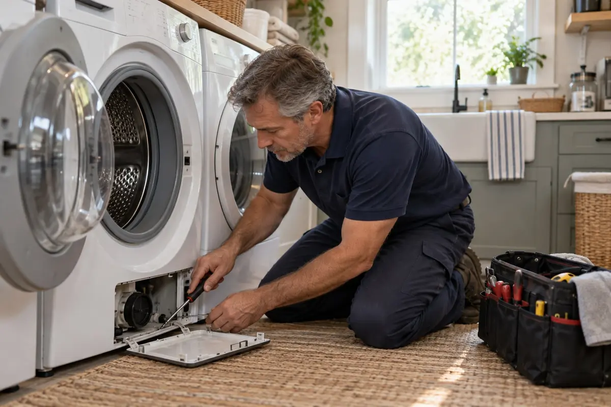 Appliance repair technician performing washer repair